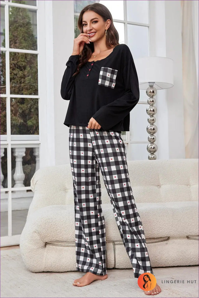 Check Print Pyjama Set with Heart Detail