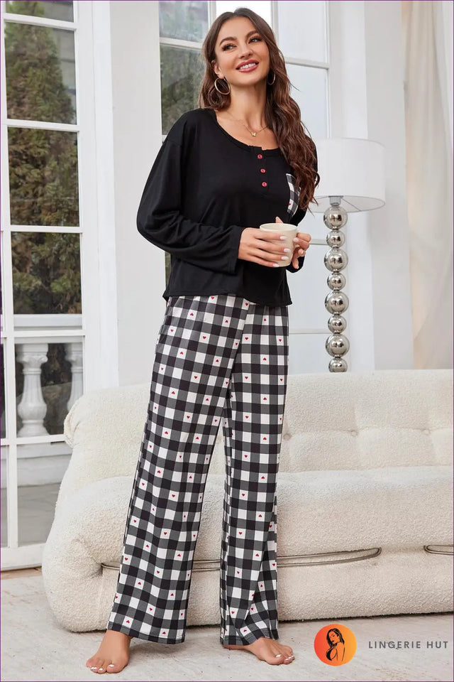 Check Print Pyjama Set with Heart Detail