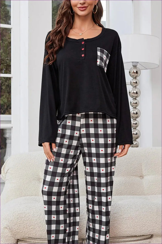 Check Print Pyjama Set with Heart Detail
