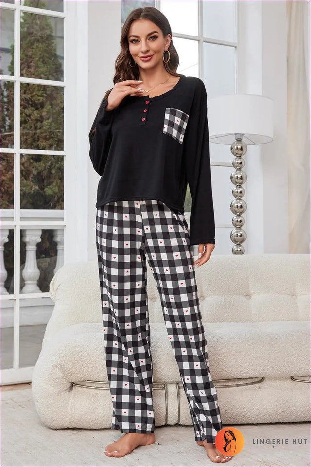 Check Print Pyjama Set with Heart Detail