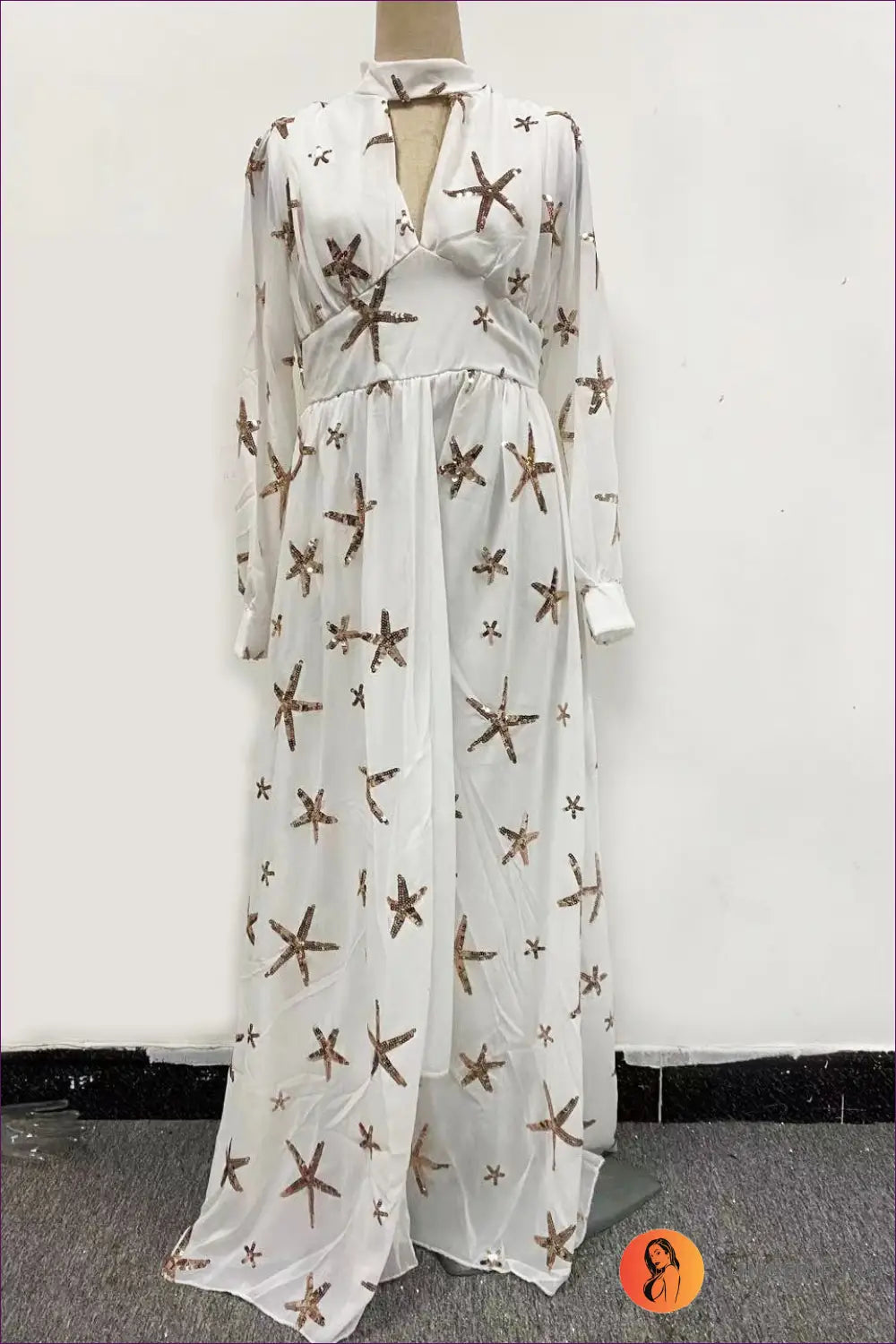 Celestial Starfish Maxi Dress - Elegant Coastal Charm for a Line, Boho, Chiffon, Dress, Everyday