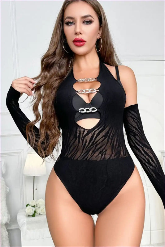 Chain Detail Bodysuit Set with Mesh Panels - Statement After Dark for All Season, Backless, Bodysuit,