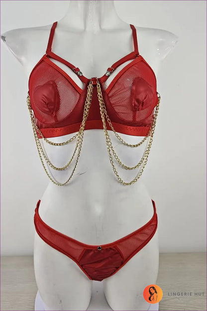 Chain Lingerie Set with Sheer Cutout Front - Bold Glamour - s / Red - just in • Polyester • Sexy • Hut