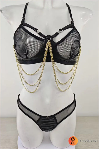 Chain Lingerie Set with Sheer Cutout Front - Bold Glamour - s / Black - just in • Polyester • Sexy • Hut