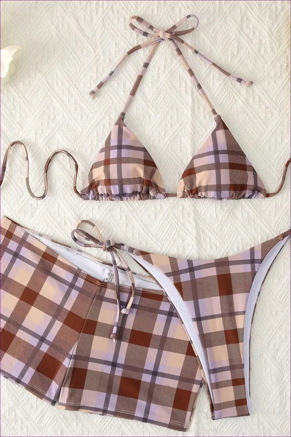 Check Print Bikini with Matching Shorts - Three-piece Beach Set - Swimwear - Beachwear • Casual • co Ord
