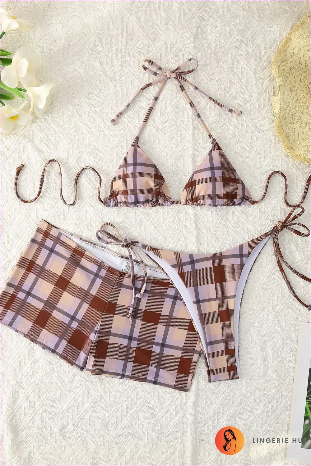 Check Print Bikini with Matching Shorts - Three-piece Beach Set - s / Colored Plaid - Swimwear - Beachwear • Casual