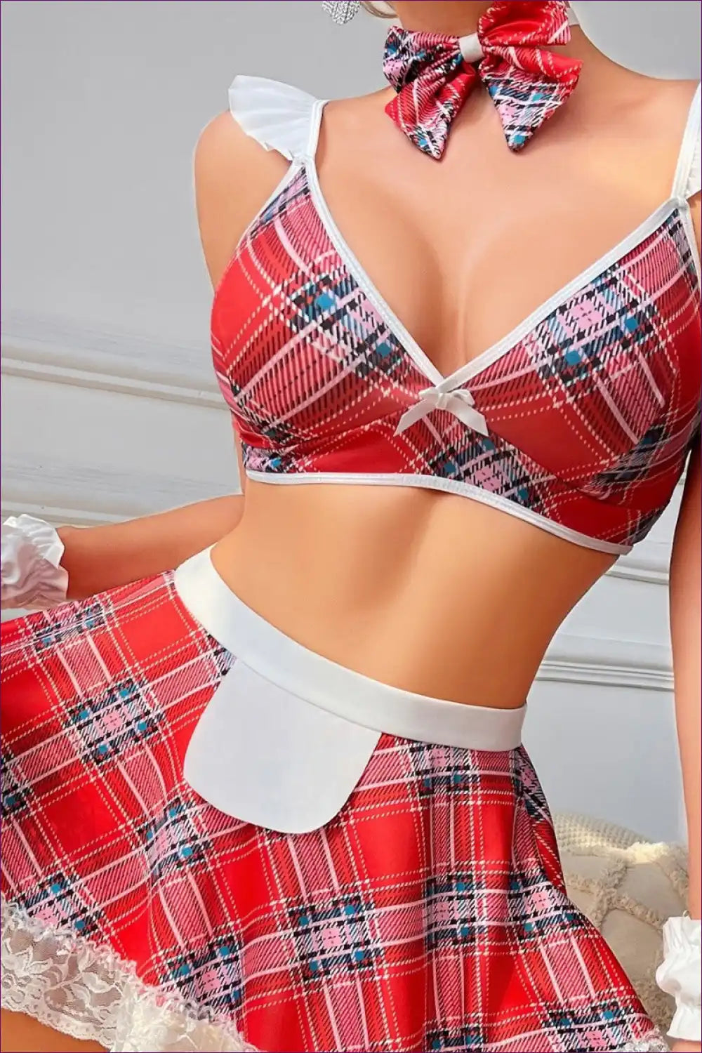 Check Print Role-play Set with Lace Ruffles and Playful Bows for Costume, Dresses, Everyday, Lace, Lingerie