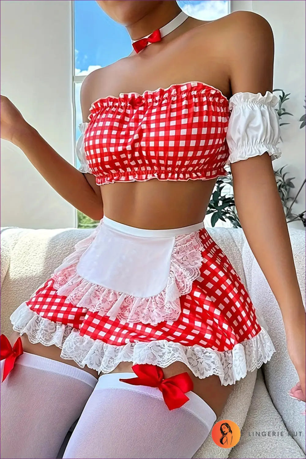 Checked Maid Costume - s / Red - Bra Set - Cutout • Lace • Lingerie • Hut