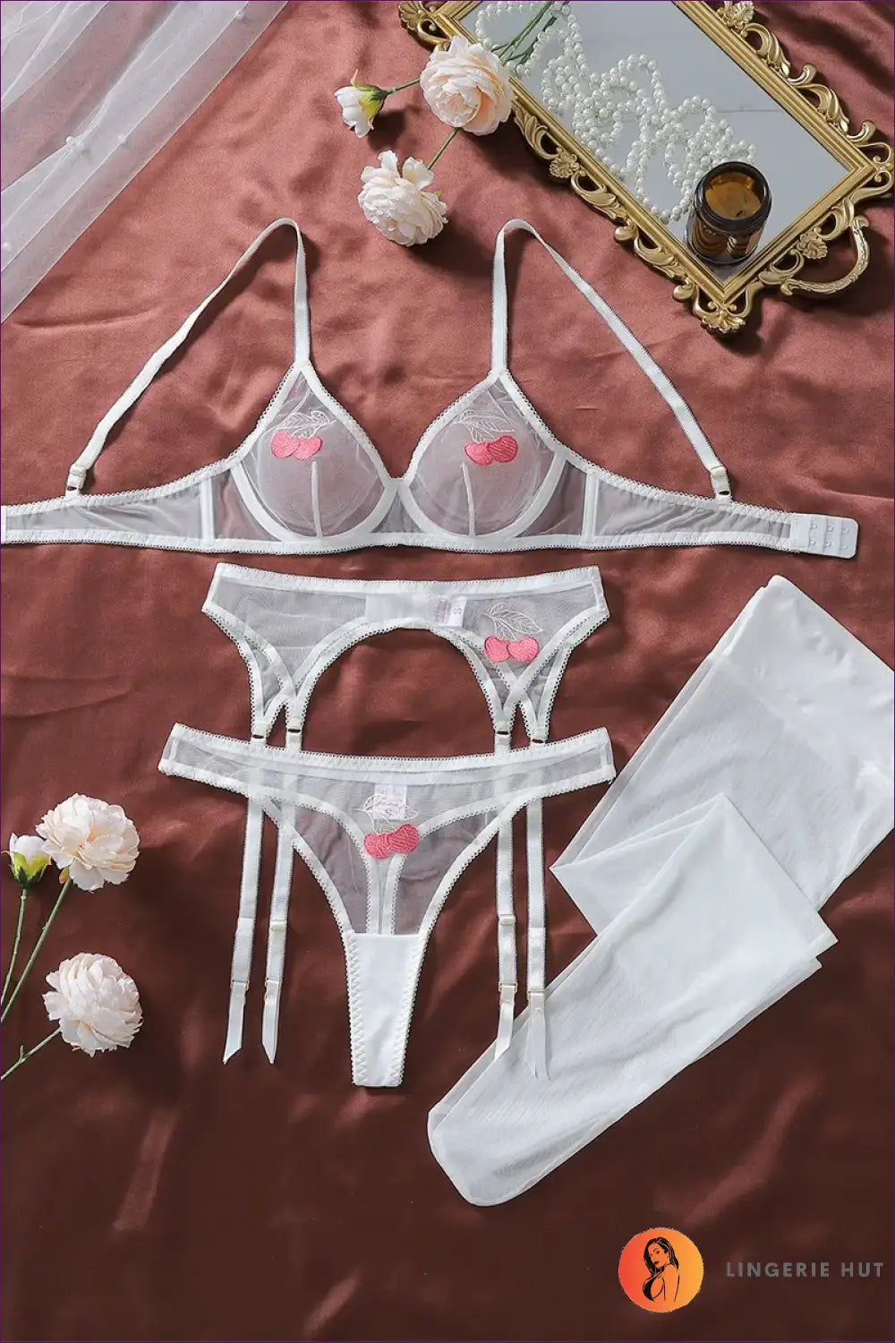 Cherry Embroidered Mesh Lingerie Set - Playful Details - White / s - just in • Hut