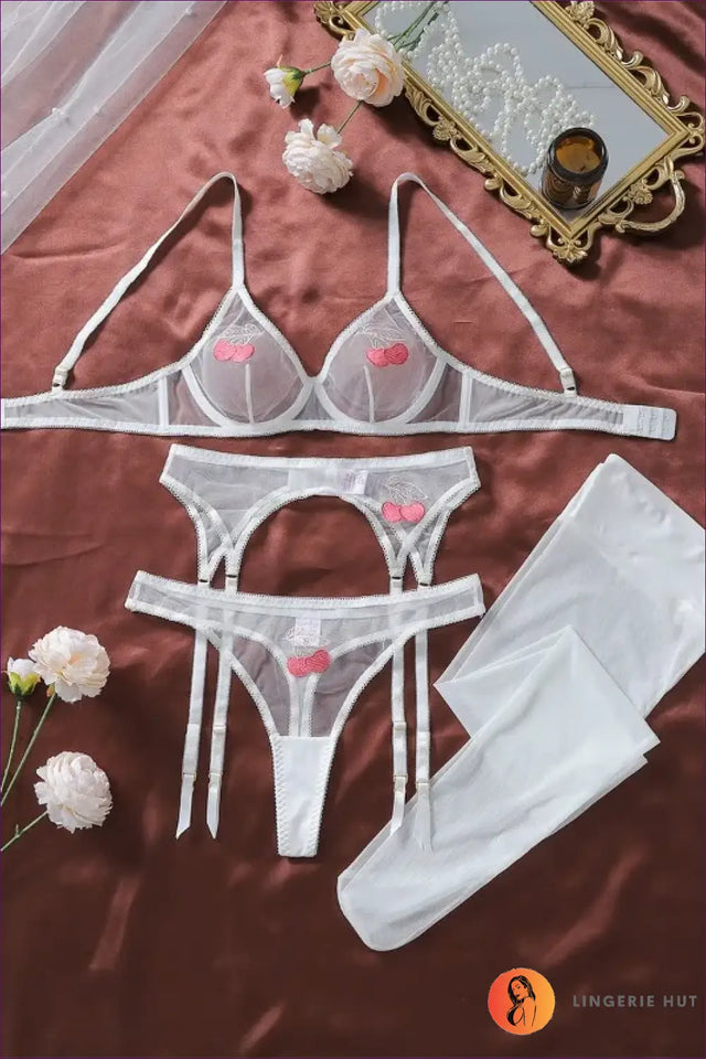 Cherry Embroidered Mesh Lingerie Set - Playful Details