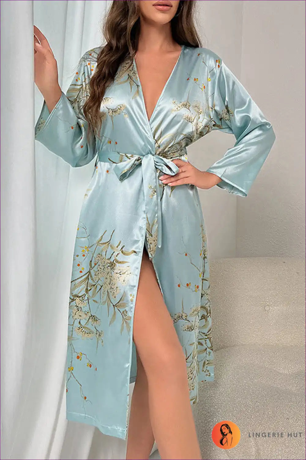 Elevate Your Loungewear With Our Cherry Print Bathrobe. This Lace-adorned, Long-sleeve Robe Offers Breathable