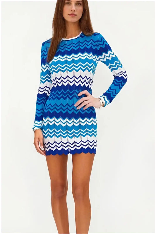 Chevron Knit Bodycon Sweater Dress - Playful Retro Vibes for Autumn, Bodycon, Casual, Everyday,
