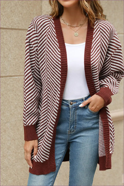 Chevron Striped Open Front Cardigan - Cozy Chic for Autumn, Casual, Cotton, Everyday, Modest