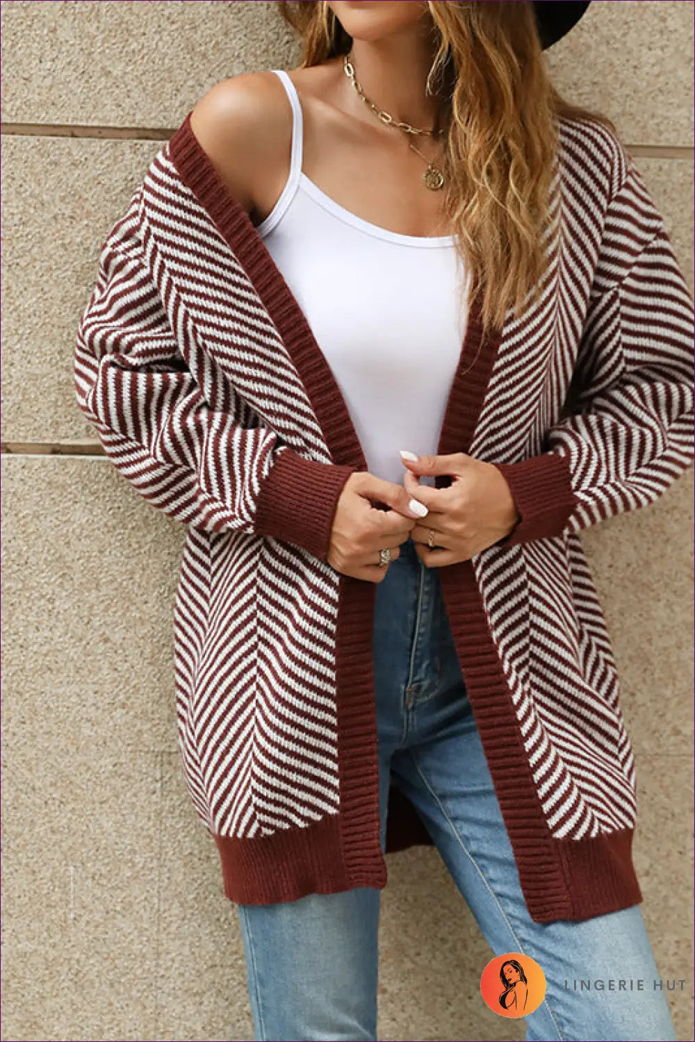 Chevron Striped Open Front Cardigan - Cozy Chic for Autumn, Casual, Cotton, Everyday, Modest