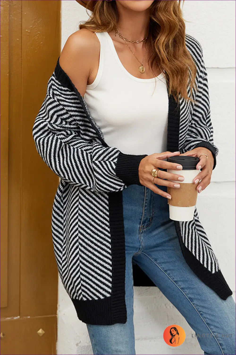 Chevron Striped Open Front Cardigan - Cozy Chic for Autumn, Casual, Cotton, Everyday, Modest