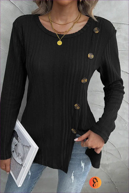 Chic Asymmetric Button-detail Ribbed Sweater - Effortless Elegance for Autumn, Casual, Everyday, Glamour,