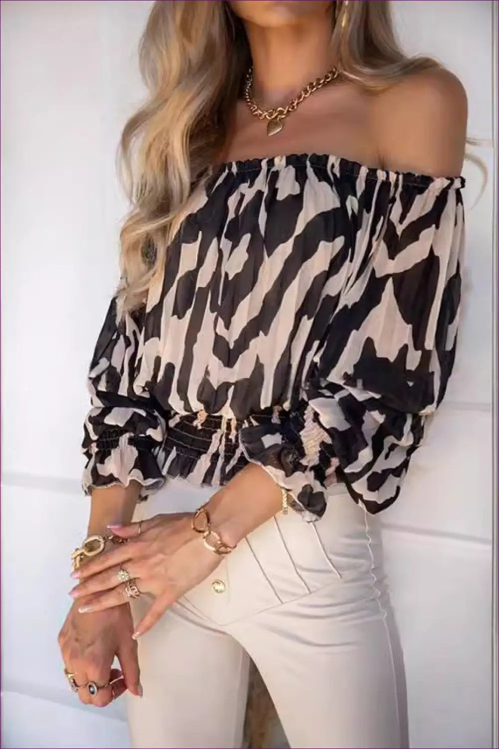 Chic Camo Off-shoulder Blouse - Bold Elegance Unleashed for Animal, Cotton, Crop, Everyday, Glamour