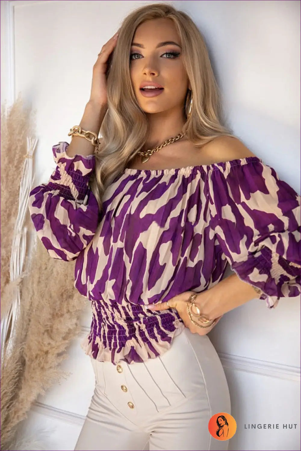 Chic Camo Off-shoulder Blouse - Bold Elegance Unleashed for Animal, Cotton, Crop, Everyday, Glamour