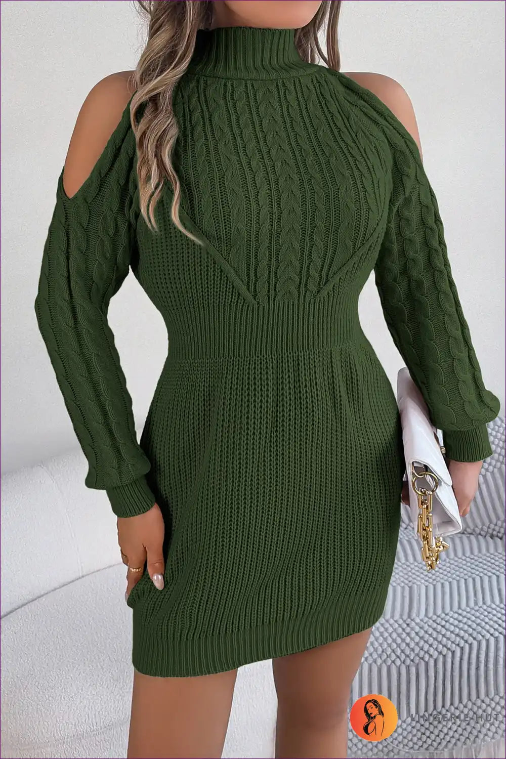 Chic Cold-shoulder Knitted Sweater Dress Cozy Meets Glamour for A-line, Autumn, Casual, Dress, Everyday