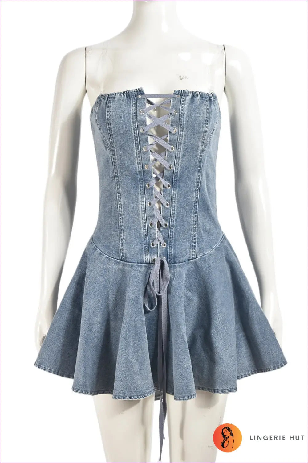 Chic Denim Lace-up Mini Dress - Bold & Beautiful for Date Night, Denim, Dress, Glamour,