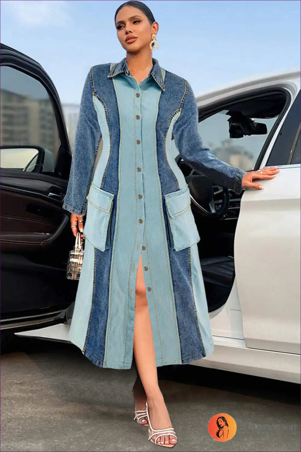 Chic Denim Panel Midi Dress – Effortless Cool Meets Modern Elegance for Casual, Denim, Dress, Glamour,