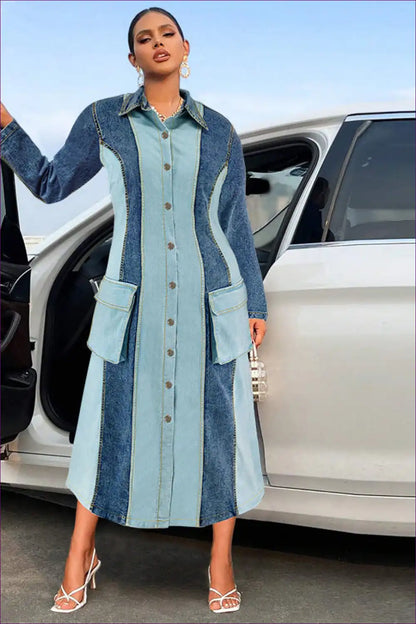 Chic Denim Panel Midi Dress – Effortless Cool Meets Modern Elegance for Casual, Denim, Dress, Glamour,