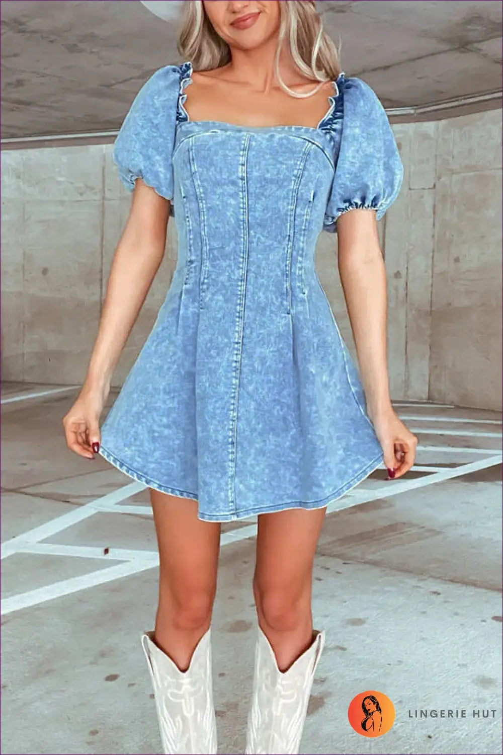 Chic Denim Puff Sleeve Mini Dress - Casual Elegance for Casual, Denim, Dress, Everyday, Glamour