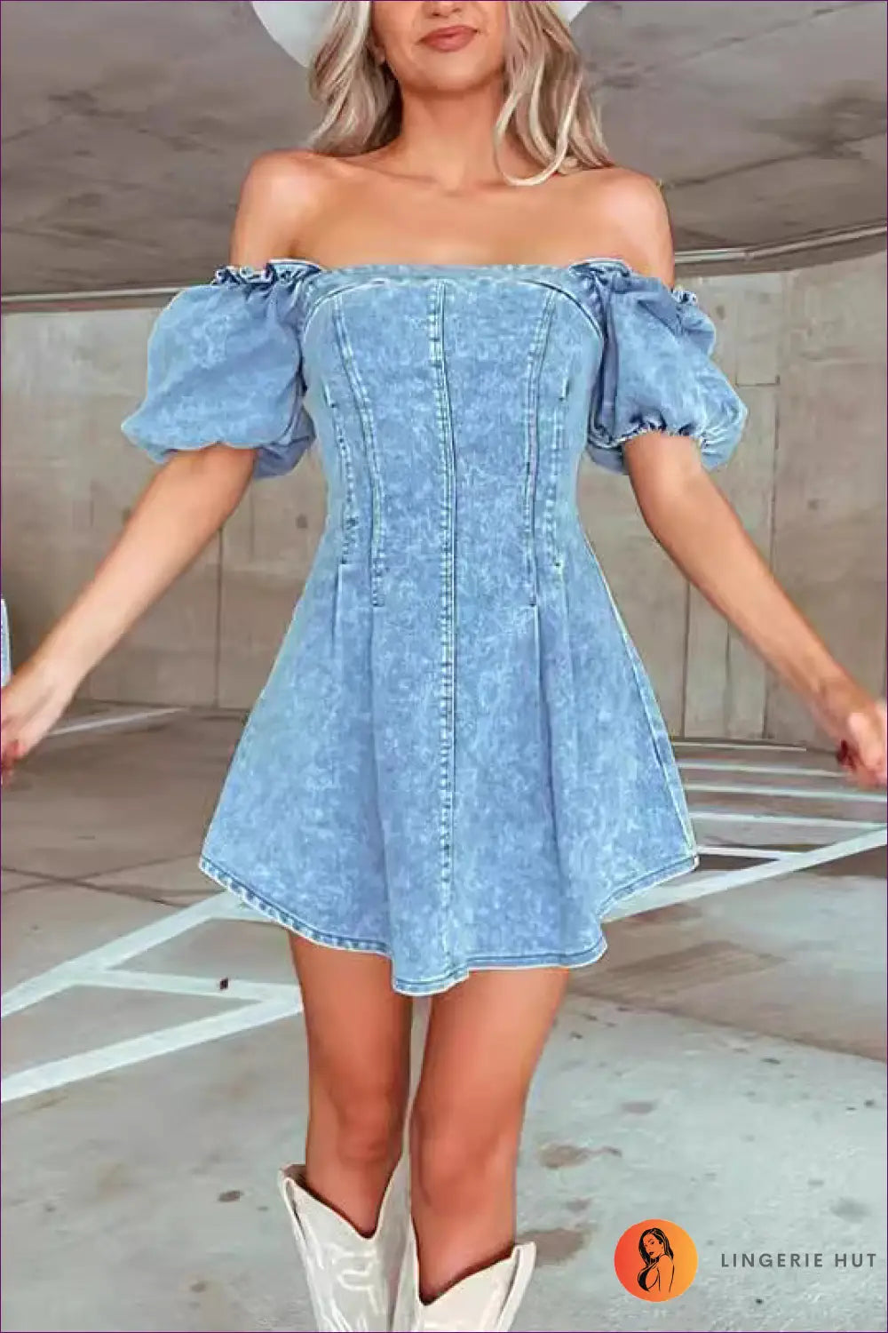 Chic Denim Puff Sleeve Mini Dress - Casual Elegance for Casual, Denim, Dress, Everyday, Glamour