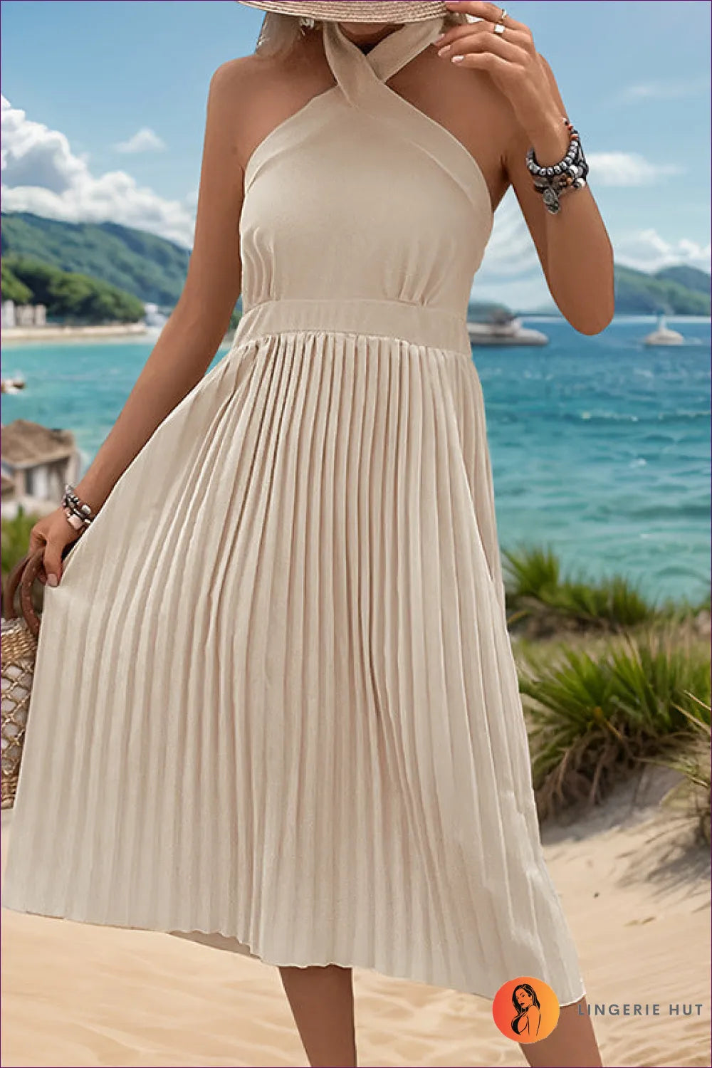 Chic Halter Pleated Midi Dress - Coastal Elegance