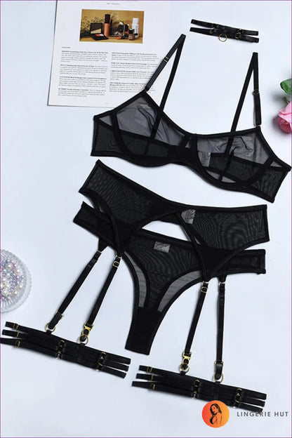 Feel Confidently Sexy In Our Chic Lace Lingerie Set! Elevate Your Allure With The Bra, Garters, And Briefs