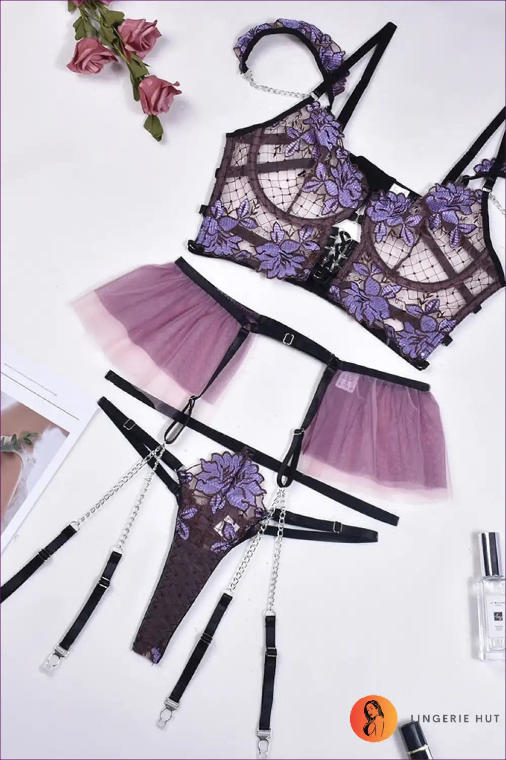 Unleash Your Elegance With Our Chic Lingerie Set. Featuring Elegant Florals And Seductive Sheer Accents, This