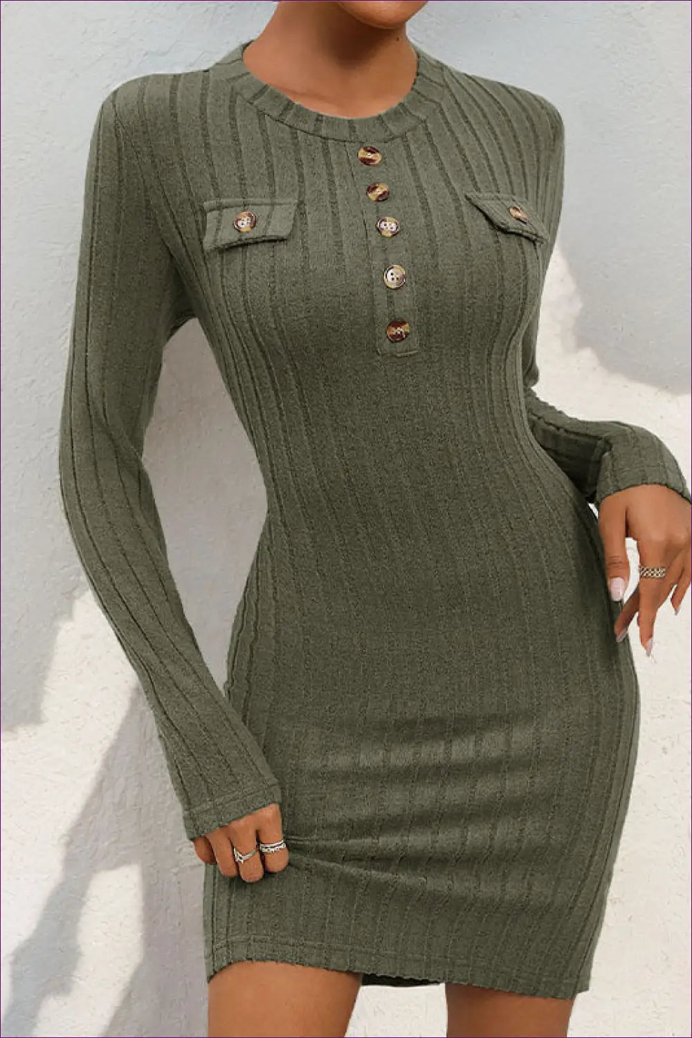 Chic Olive Ribbed Bodycon Mini Dress - Casual Elegance for Autumn, Bodycon, Casual, Date Night,