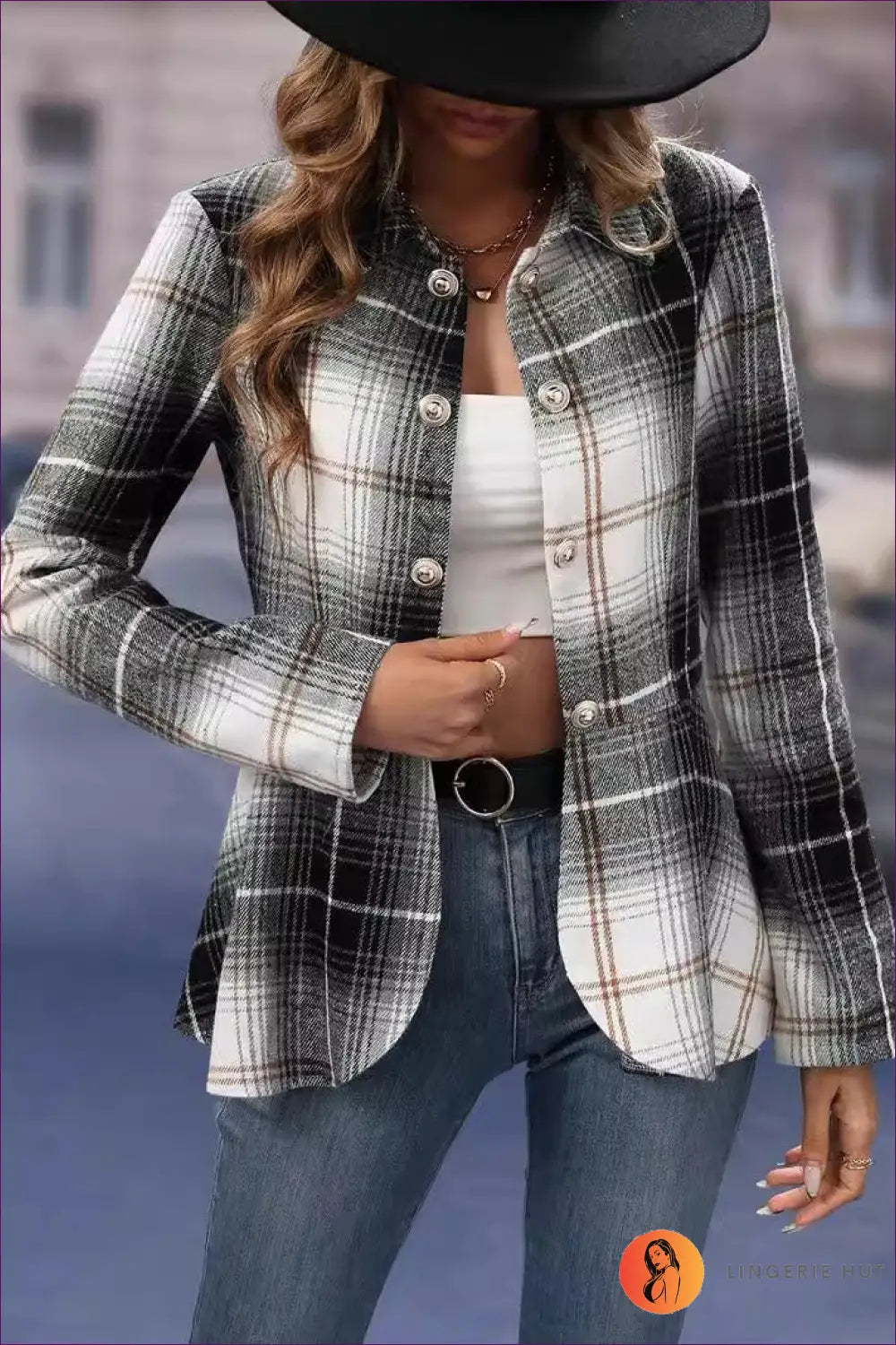 Chic Plaid Wool-blend Blazer - Urban Sophistication Redefined for Autumn, Casual, Everyday, Glamour, Jackets