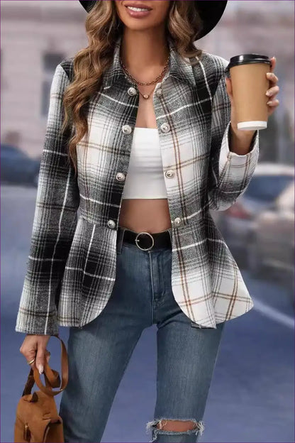 Chic Plaid Wool-blend Blazer - Urban Sophistication Redefined for Autumn, Casual, Everyday, Glamour, Jackets