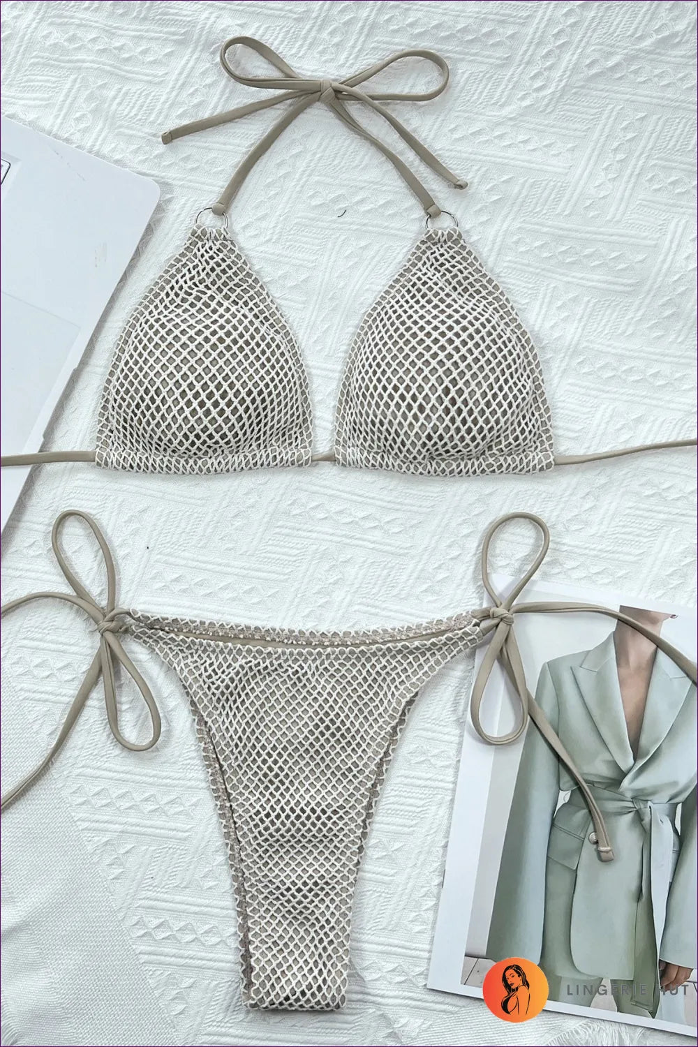 Elevate Your Beach Getaway With Our Chic Side-tie Crochet Bikini Set. Trendy Ring Accents, Adjustable Ties,