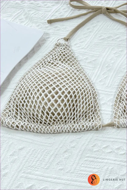 Elevate Your Beach Getaway With Our Chic Side-tie Crochet Bikini Set. Trendy Ring Accents, Adjustable Ties,
