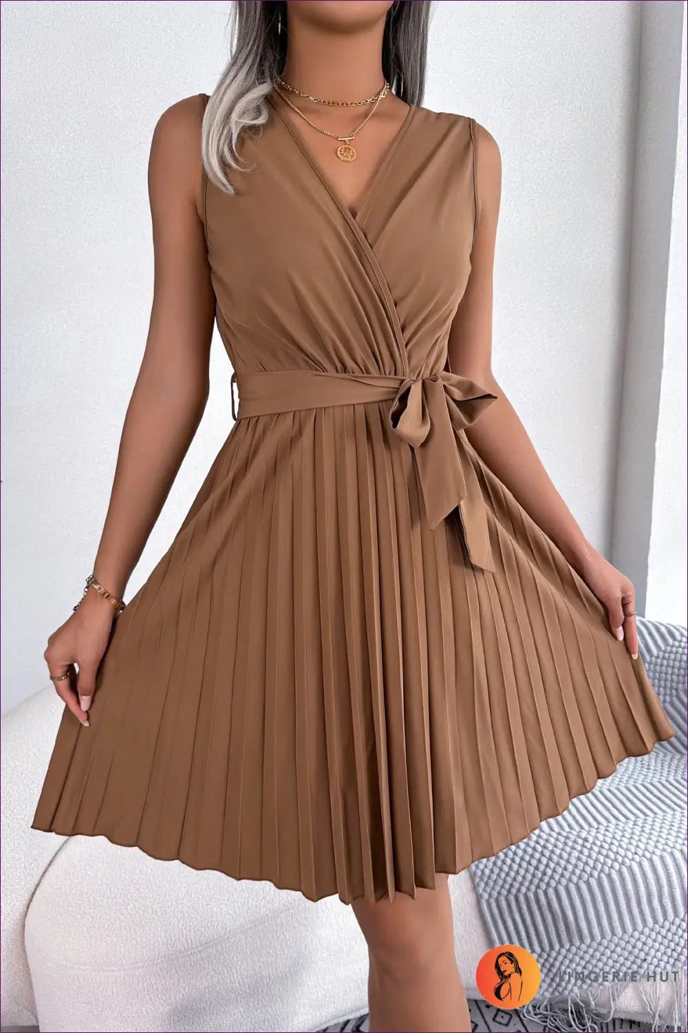 Chiffon Belted A-line Dress - Everyday Summer Ease - s / Khaki - Dresses - Lingerie Hut - Casual