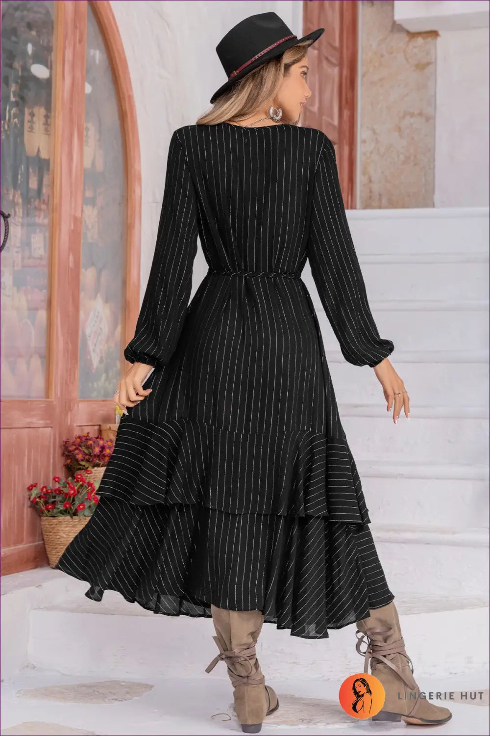 Chiffon Maxi Dress with Lantern Sleeves - Understated Glamour - Dresses - Black • Casual • Clothing • Lingerie Hut