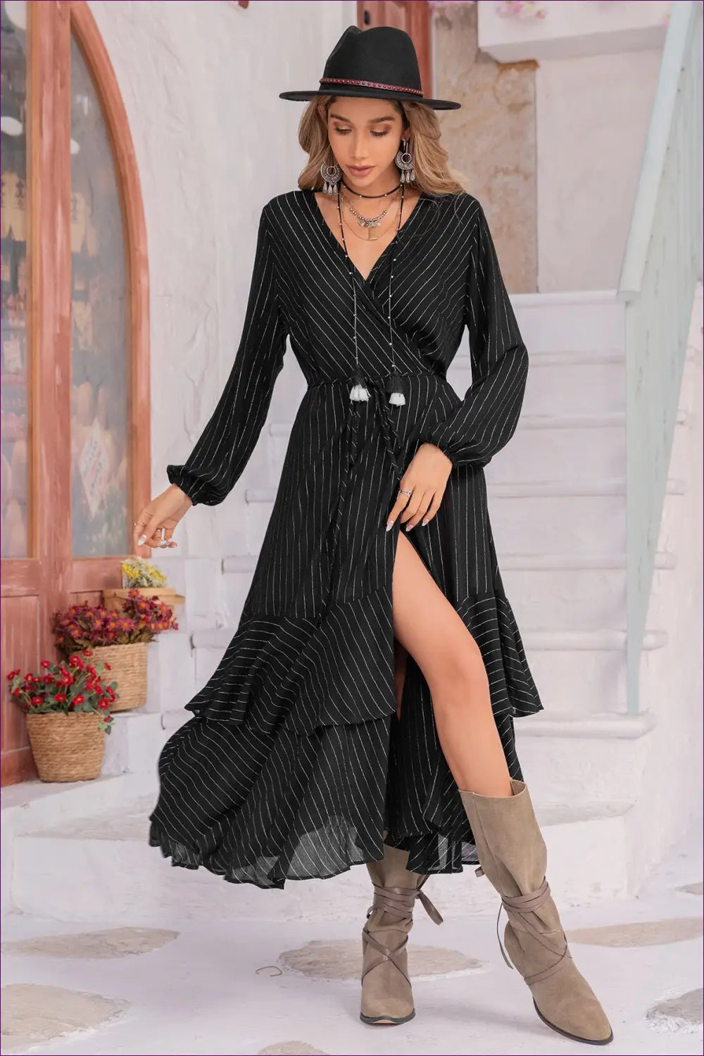 Chiffon Maxi Dress with Lantern Sleeves - Understated Glamour - Dresses - Black • Casual • Clothing • Lingerie Hut
