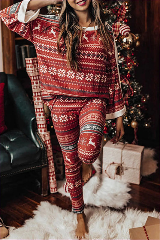 Step Into The Holiday Season With Lingerie Hut’s Winter Christmas Elk Graphic Pajama Set - a Perfect Blend