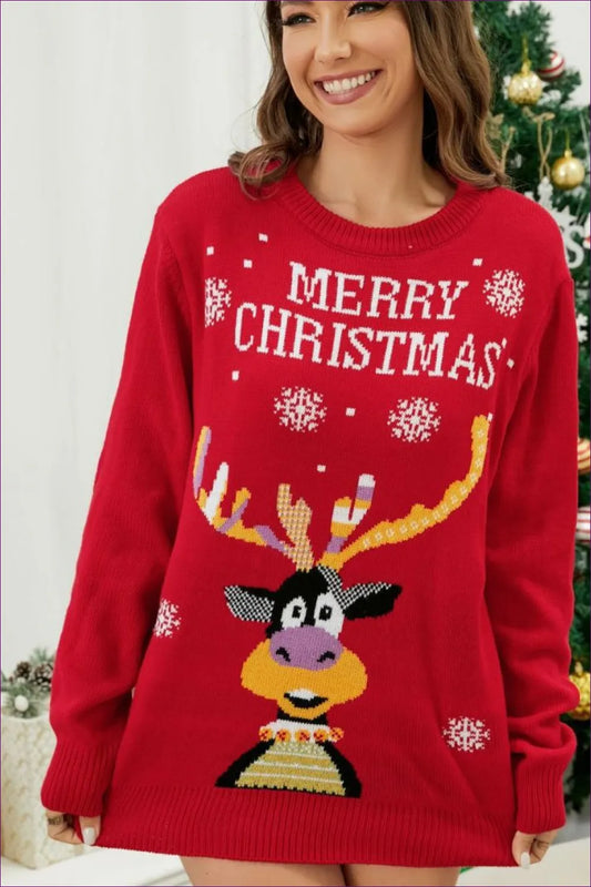 Step Into The Holiday Season With Lingerie Hut’s Graphic Elk Jacquard Sweater. Perfect For Festive Gatherings,
