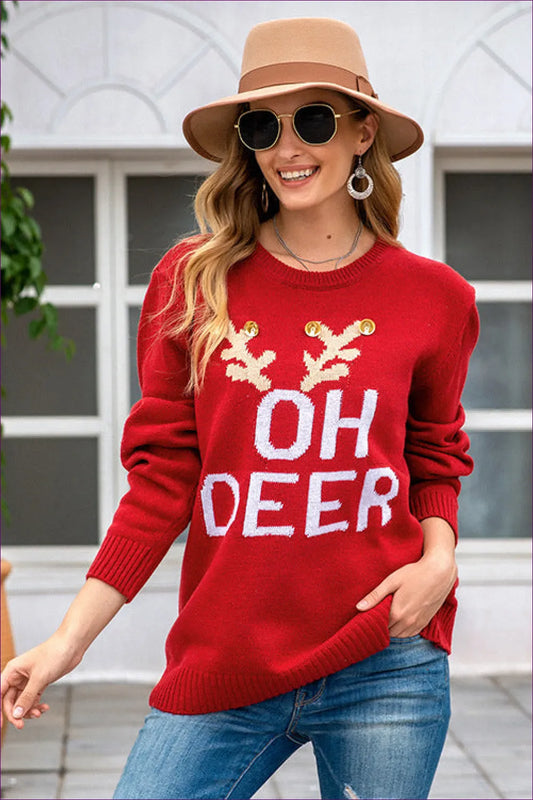 Embrace Winter Comfort With Lingerie Hut’s Christmas Loose Antlers Sweater. Crew Neck Meets Cozy Loose Fit.