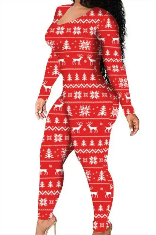 Christmas Print Jumpsuit with Cutout - Festive Party Energy - Red / s - Jumpsuits & Rompers - Lingerie Hut - Bodycon