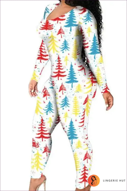 Christmas Print Jumpsuit with Cutout - Festive Party Energy - White / s - Jumpsuits & Rompers - Lingerie Hut - Bodycon