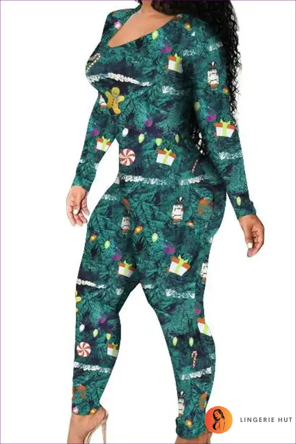 Christmas Print Jumpsuit - Green / s - Bodycon • Casual • Clothing • Clubwear • Lingerie Hut