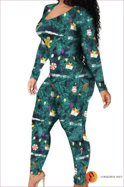 Christmas Print Jumpsuit - Green / s - Bodycon • Casual • Clothing • Clubwear • Lingerie Hut