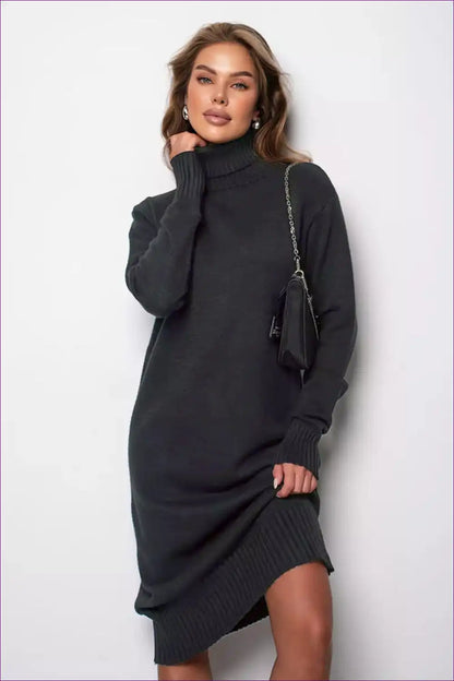 Chunky Knit Turtleneck Dress with Ribbed Hem Detail for Autumn, Casual, Dresses, Everyday,