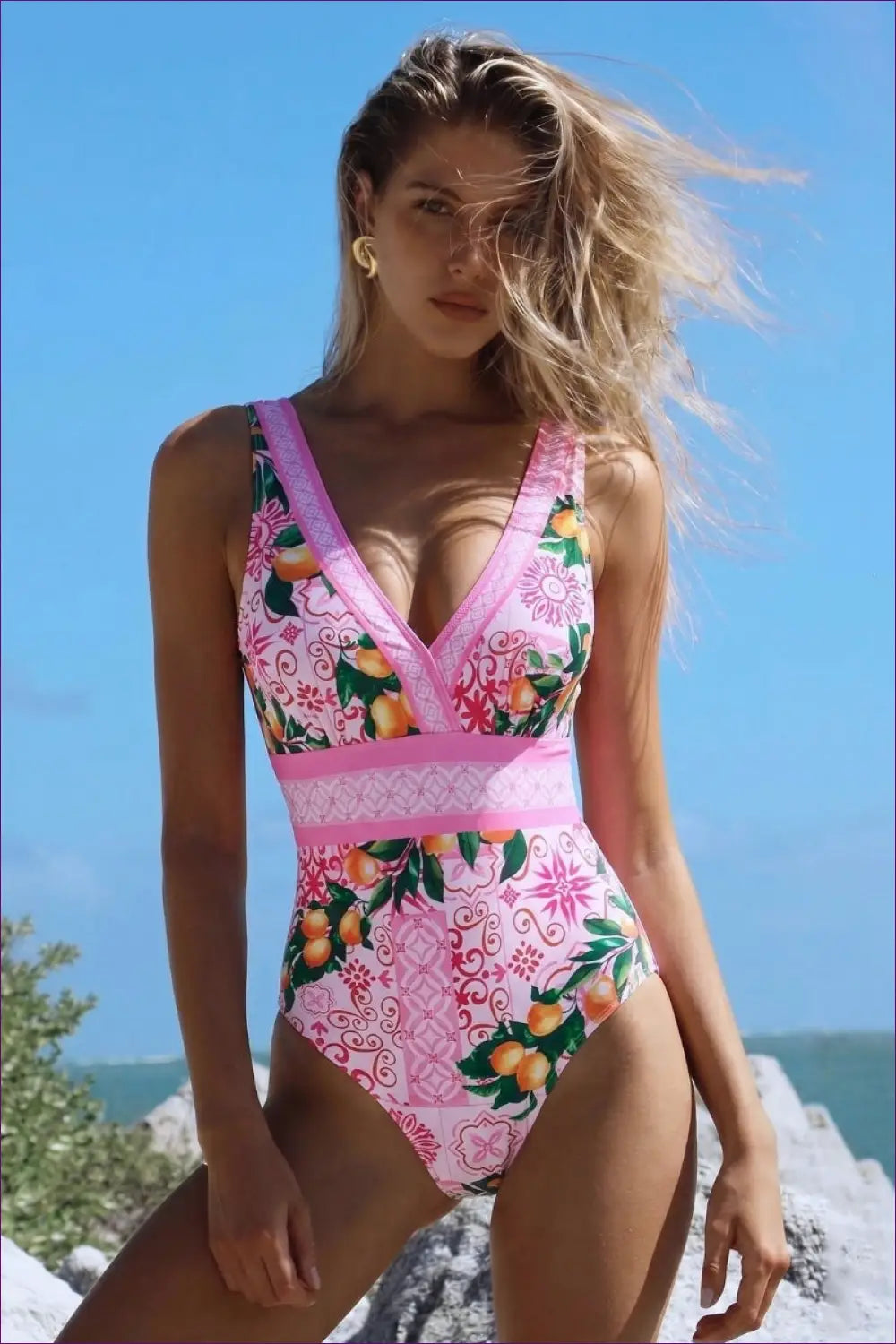 Citrus Print V-neck Swimsuit with Waist Band - Amalfi Squeeze - Swimwear - Beachwear • Floral • just in • Party