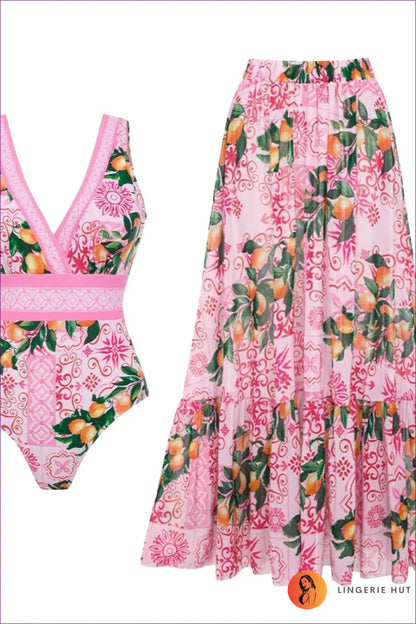 Citrus Print V-neck Swimsuit with Waist Band - Amalfi Squeeze - s / Set - Swimwear - Beachwear • Floral