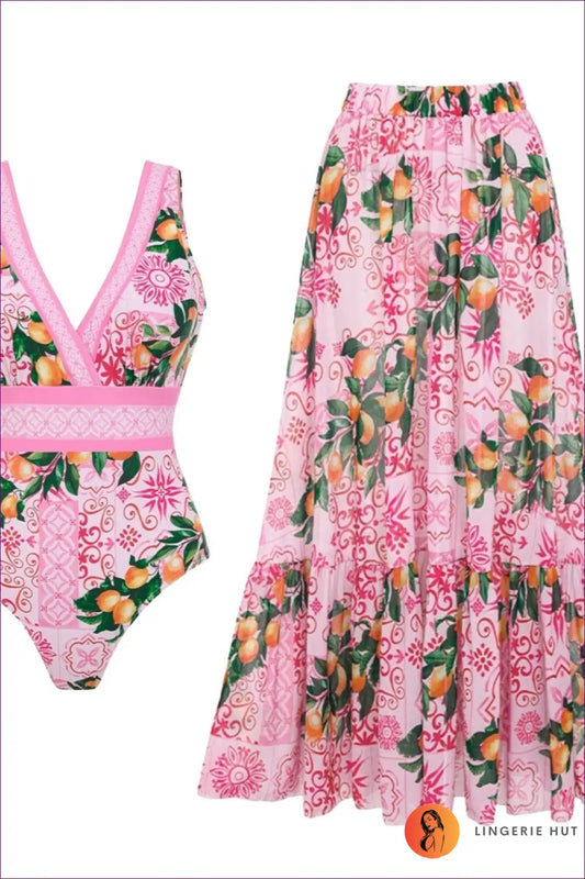 Citrus Print V-neck Swimsuit with Waist Band - Amalfi Squeeze - s / Set - Swimwear - Beachwear • Floral